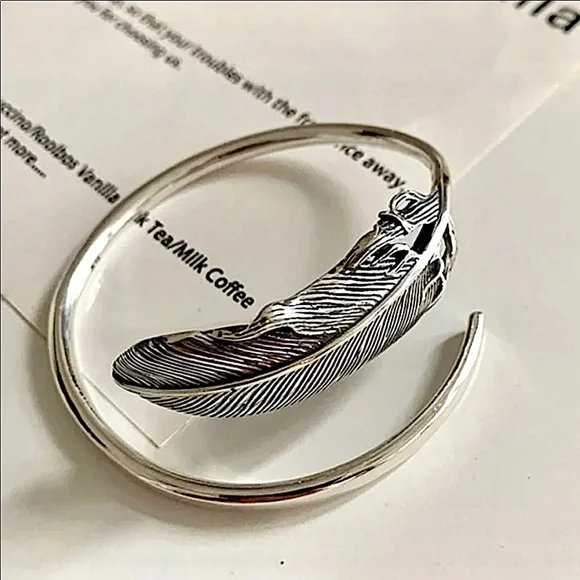 Silver Feather Bangle Cuff Bracelet - Picture 4 of 9